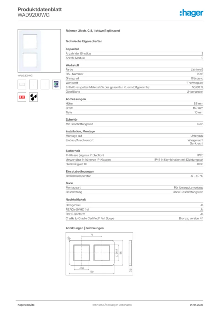 Bild Hager Produktdatenblatt WAD9200WG | Hager Deutschland