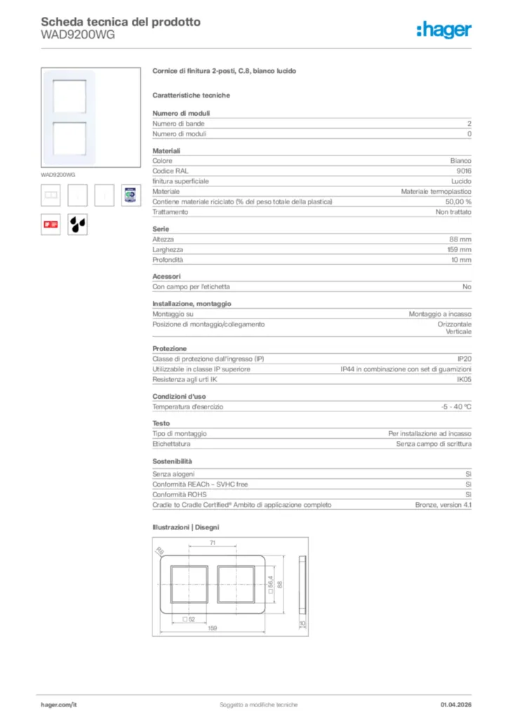 Immagine Hager Scheda tecnica del prodotto WAD9200WG | Hager Italia