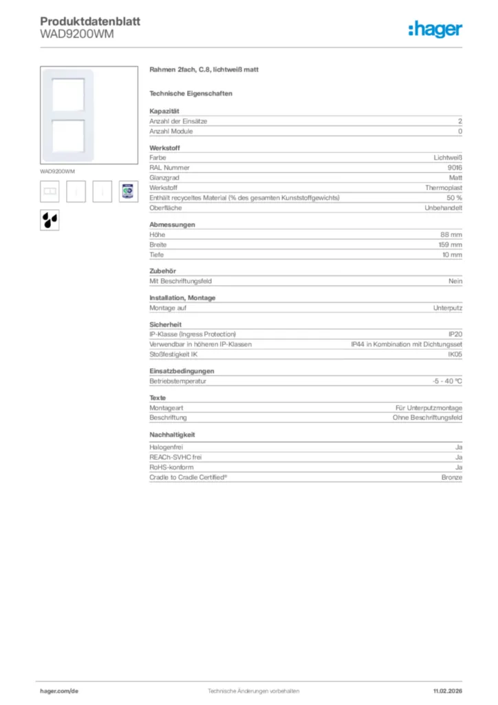 Bild Hager Produktdatenblatt WAD9200WM | Hager Deutschland