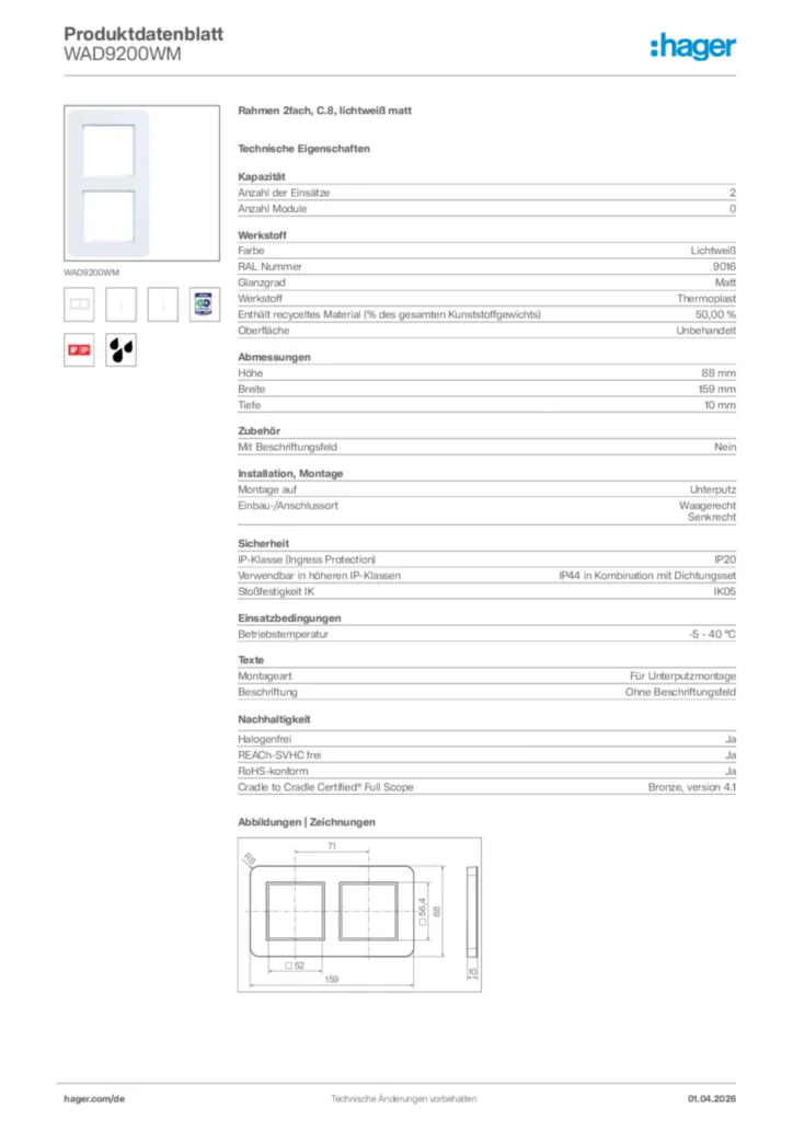 Bild Hager Produktdatenblatt WAD9200WM | Hager Deutschland