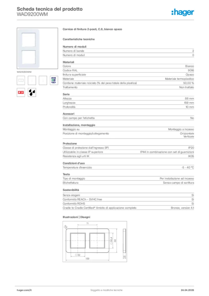Immagine Hager Scheda tecnica del prodotto WAD9200WM | Hager Italia