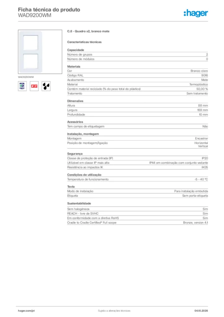 Imagem Hager Ficha técnica do produto WAD9200WM | Hager Portugal