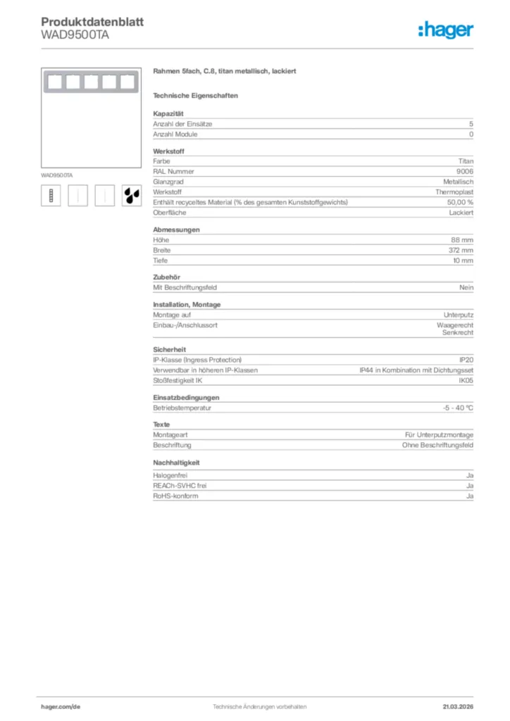 Bild Hager Produktdatenblatt WAD9500TA | Hager Deutschland