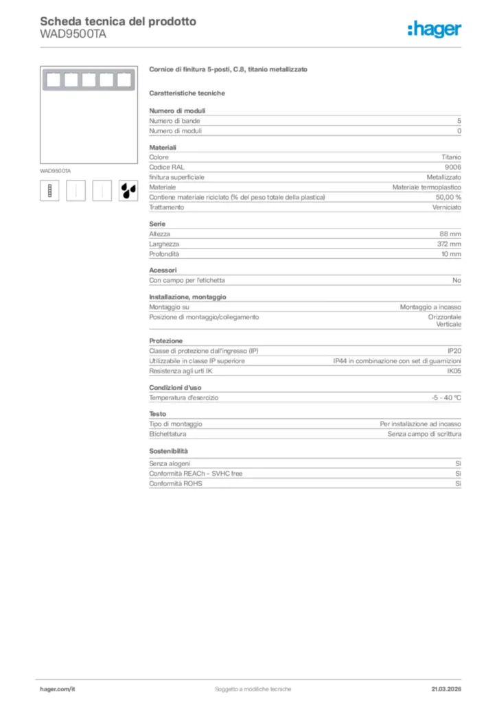 Immagine Hager Scheda tecnica del prodotto WAD9500TA | Hager Italia