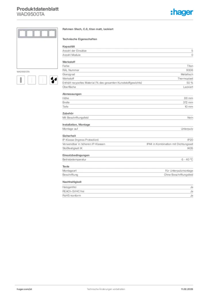Bild Hager Produktdatenblatt WAD9500TA | Hager Deutschland