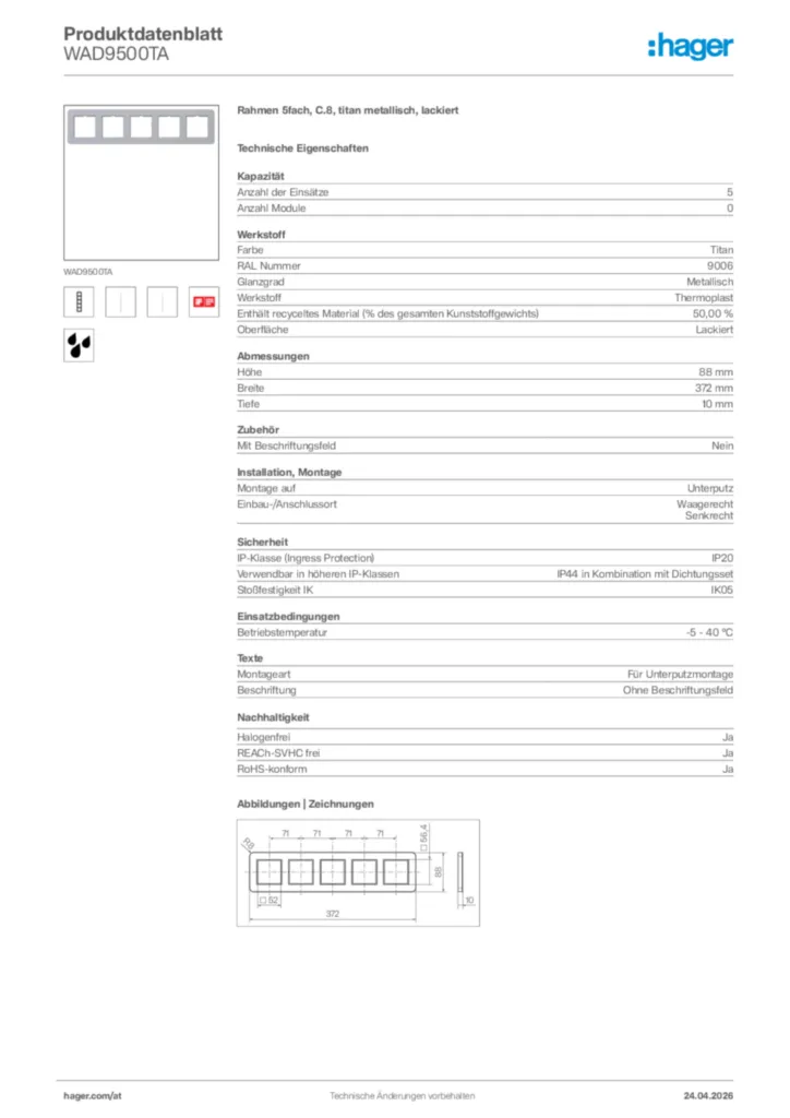 Bild Hager Produktdatenblatt WAD9500TA | Hager Deutschland