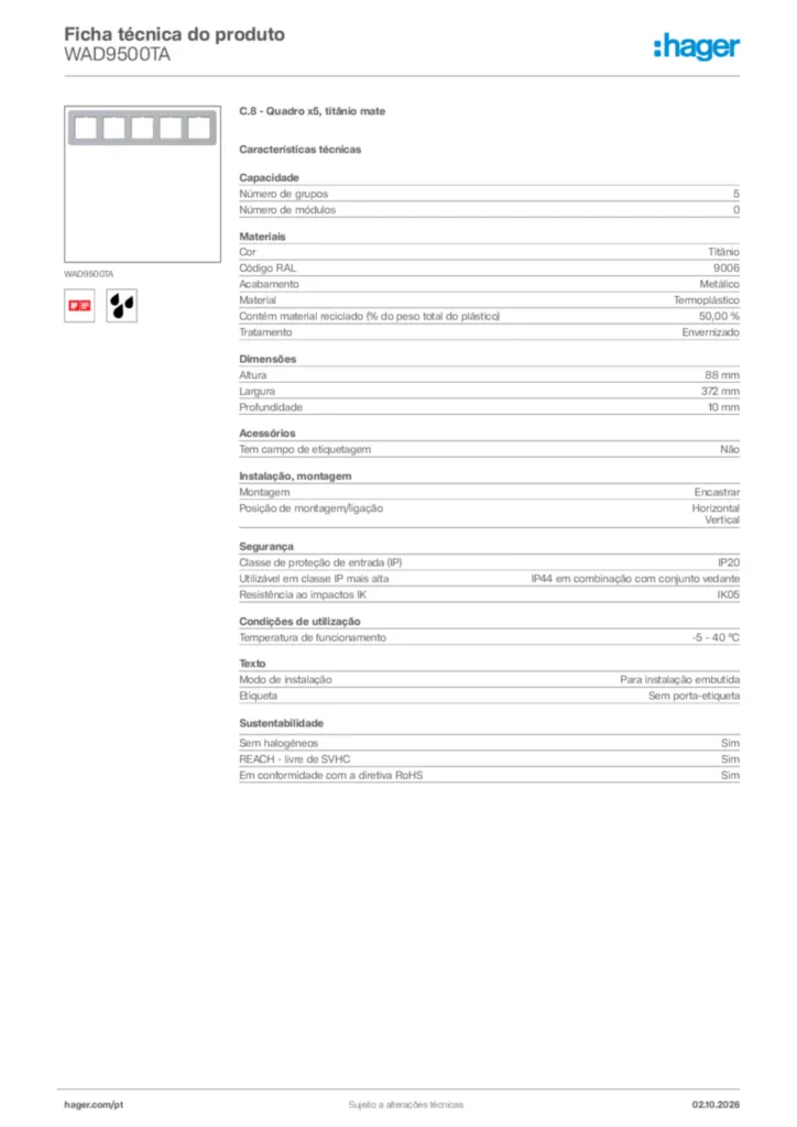 Imagem Hager Ficha técnica do produto WAD9500TA | Hager Portugal
