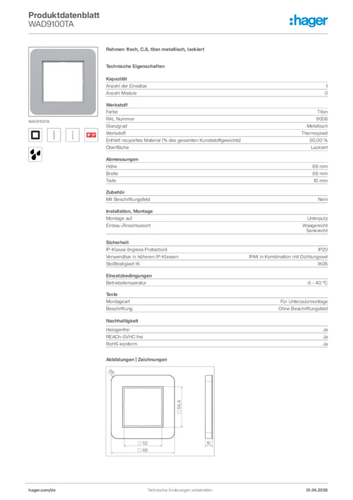 Bild Hager Produktdatenblatt WAD9100TA | Hager Deutschland