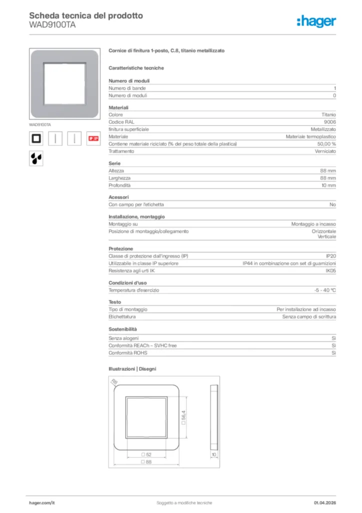 Immagine Hager Scheda tecnica del prodotto WAD9100TA | Hager Italia