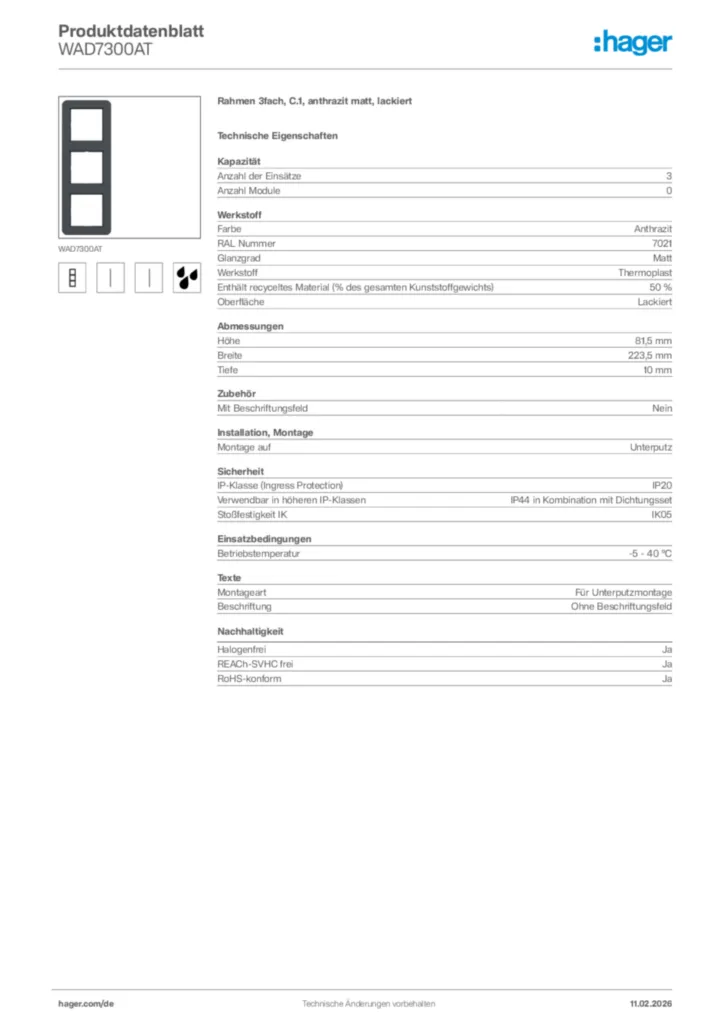 Bild Hager Produktdatenblatt WAD7300AT | Hager Deutschland