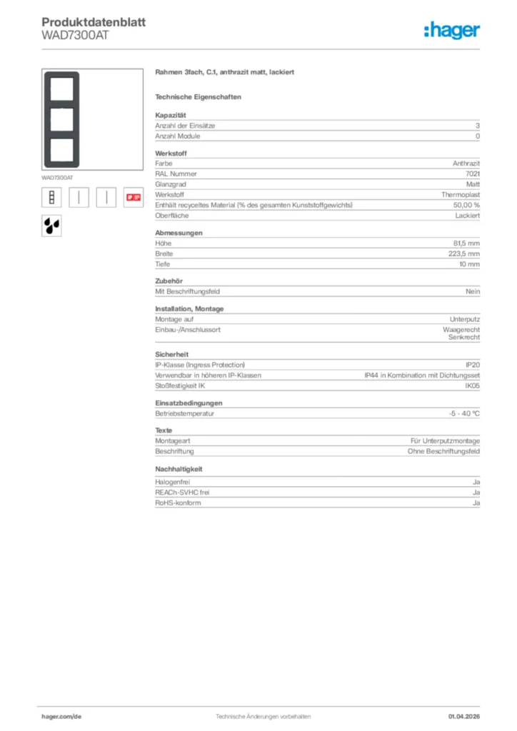 Bild Hager Produktdatenblatt WAD7300AT | Hager Deutschland