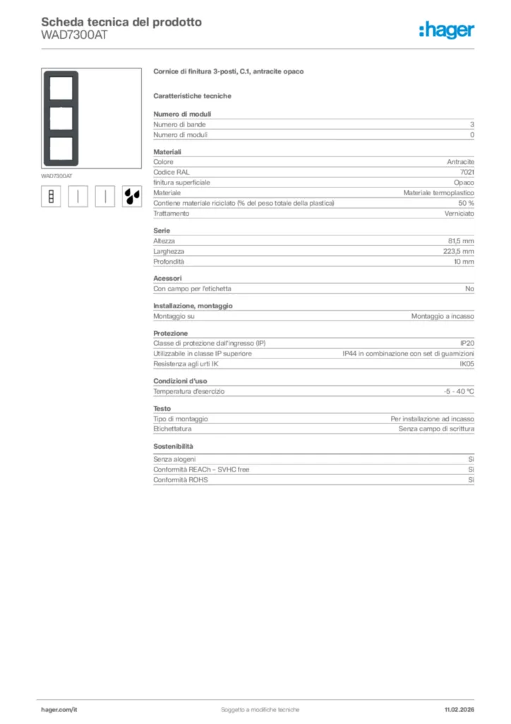 Immagine Hager Scheda tecnica del prodotto WAD7300AT | Hager Italia