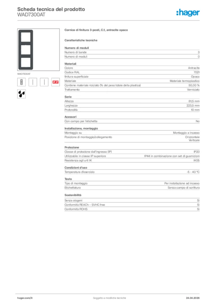 Immagine Hager Scheda tecnica del prodotto WAD7300AT | Hager Italia