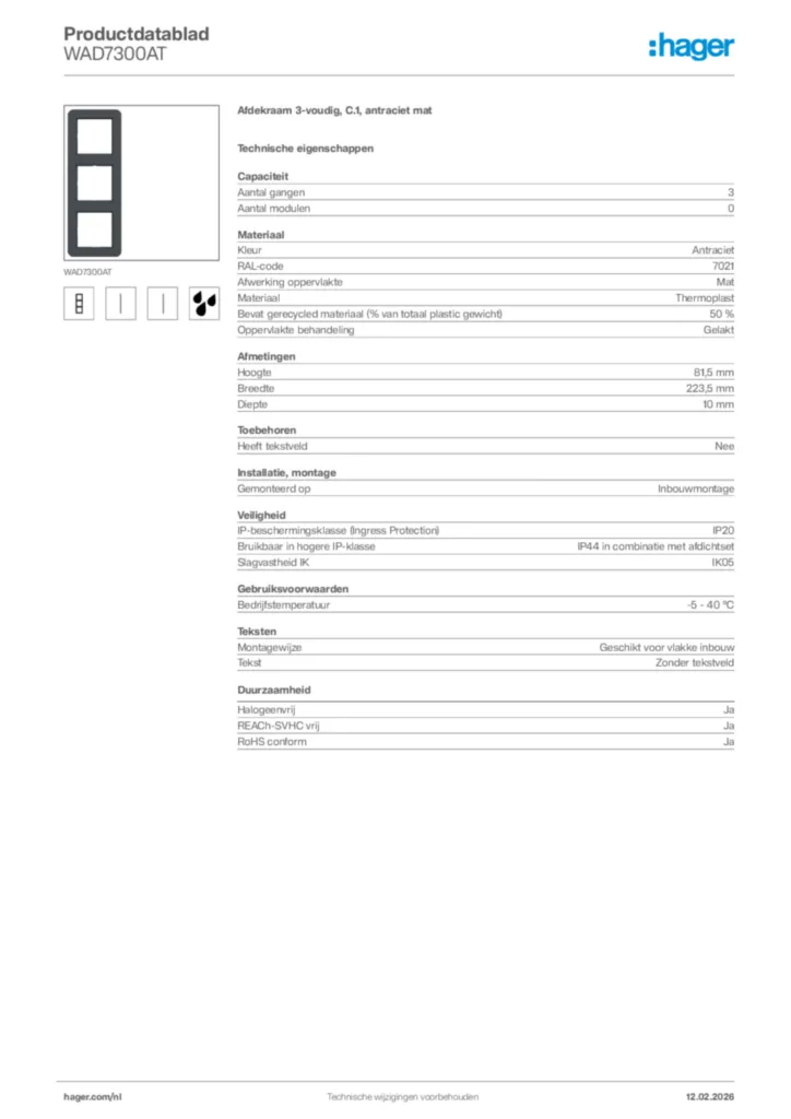 Afbeelding Hager Productdatablad WAD7300AT | Hager Nederland