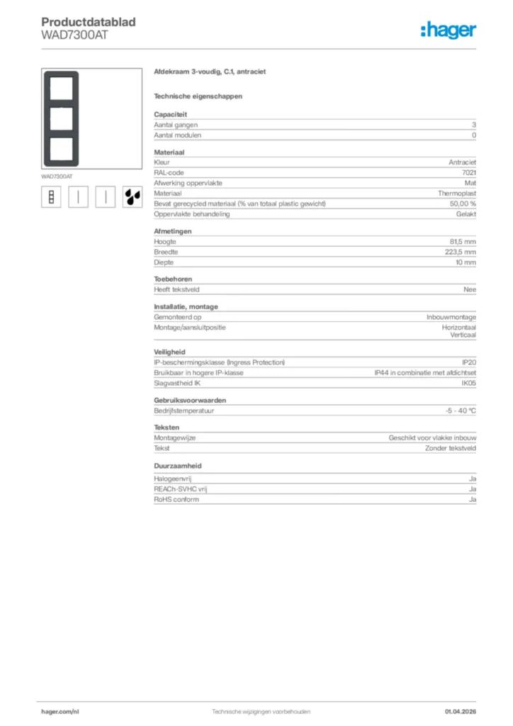 Afbeelding Hager Productdatablad WAD7300AT | Hager Nederland