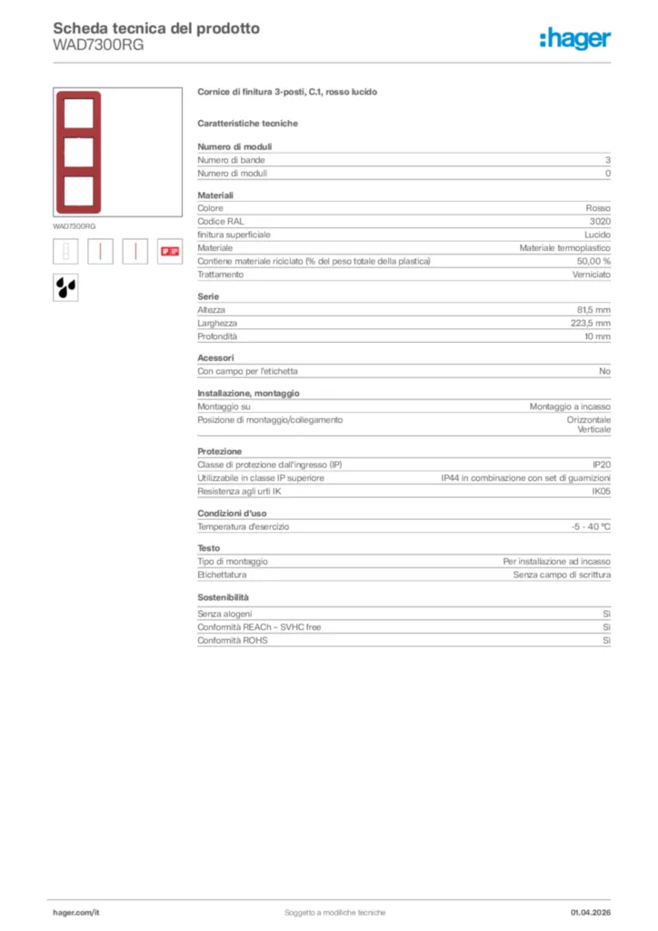 Immagine Hager Scheda tecnica del prodotto WAD7300RG | Hager Italia