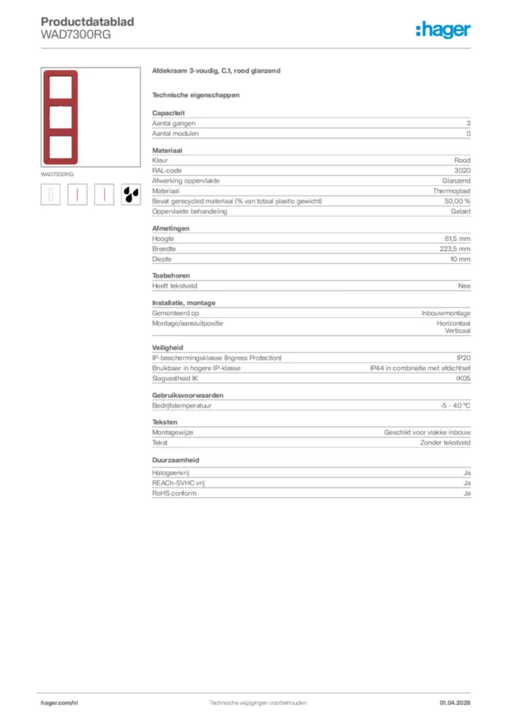 Afbeelding Hager Productdatablad WAD7300RG | Hager Nederland