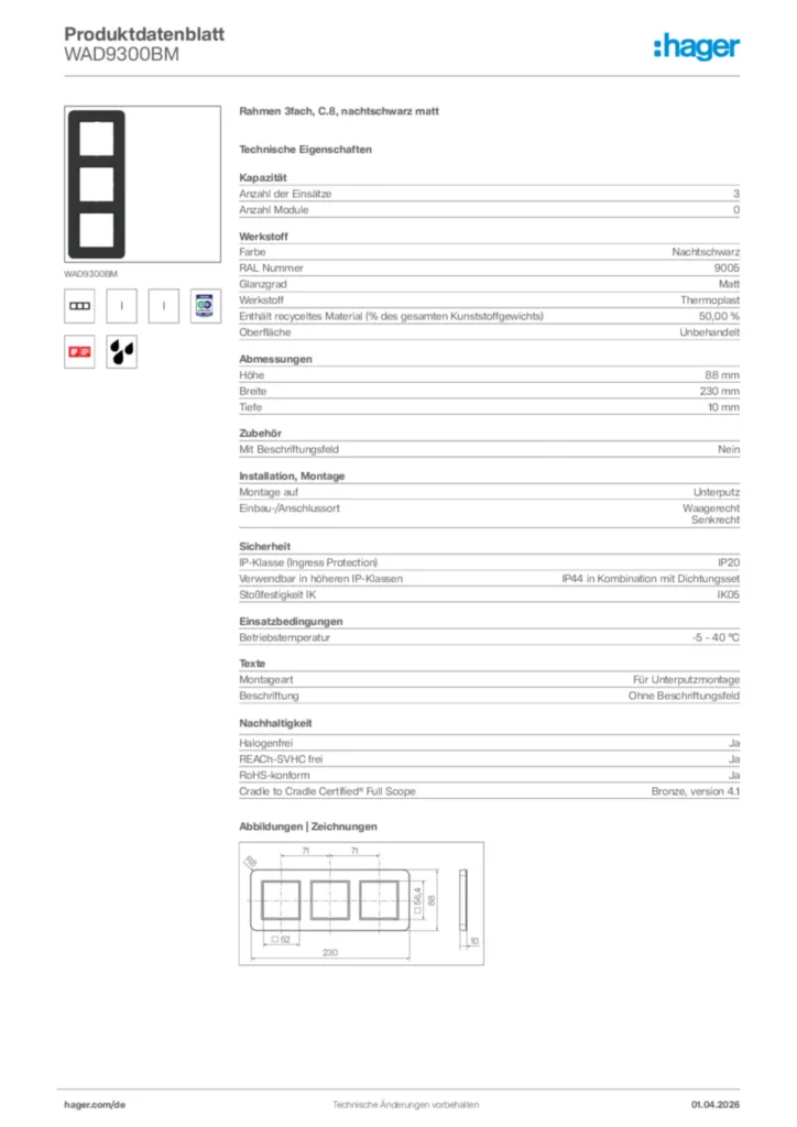 Bild Hager Produktdatenblatt WAD9300BM | Hager Deutschland