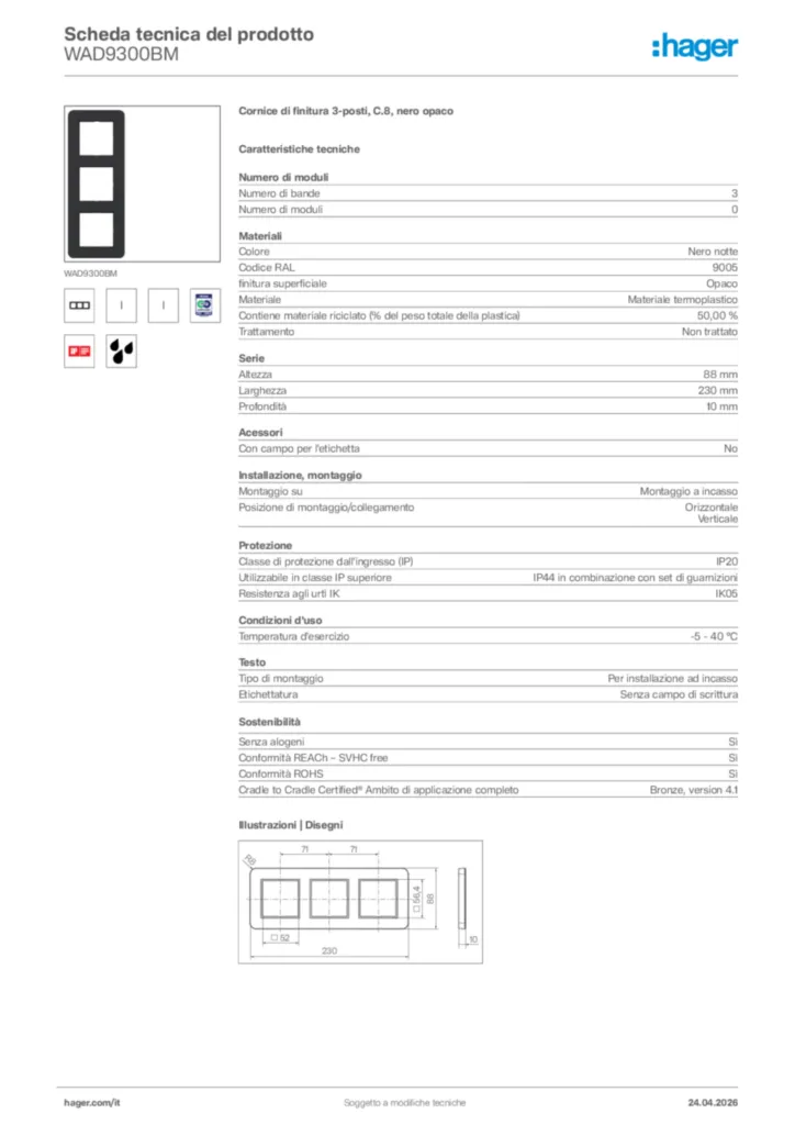 Immagine Hager Scheda tecnica del prodotto WAD9300BM | Hager Italia