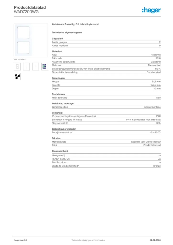 Afbeelding Hager Productdatablad WAD7200WG | Hager Nederland