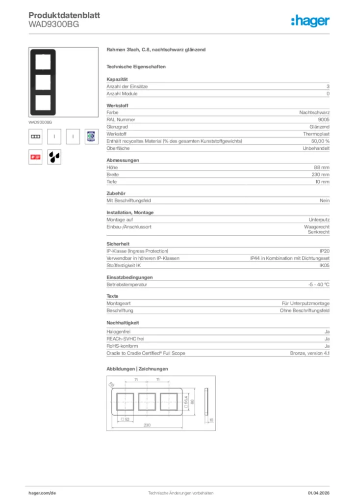 Bild Hager Produktdatenblatt WAD9300BG | Hager Deutschland