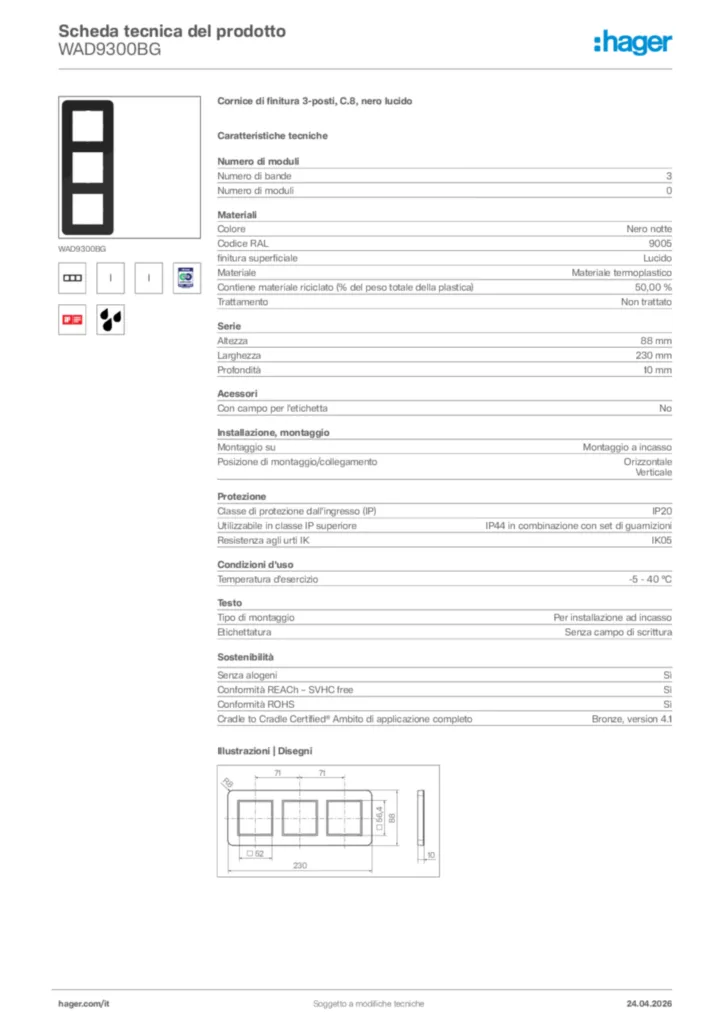 Immagine Hager Scheda tecnica del prodotto WAD9300BG | Hager Italia