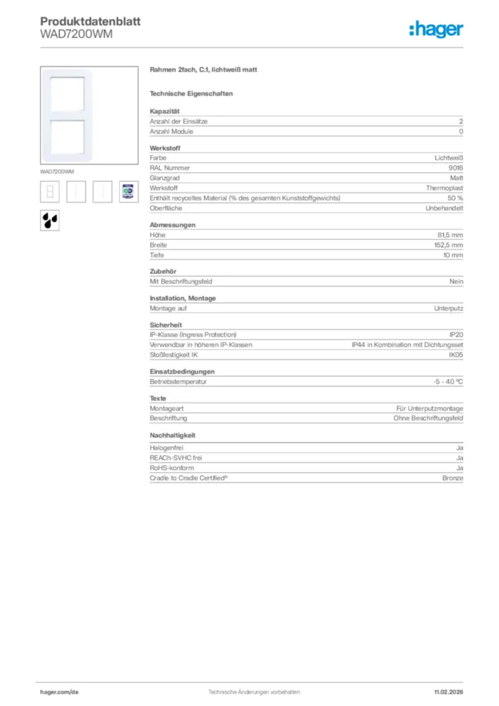 Bild Hager Produktdatenblatt WAD7200WM | Hager Deutschland