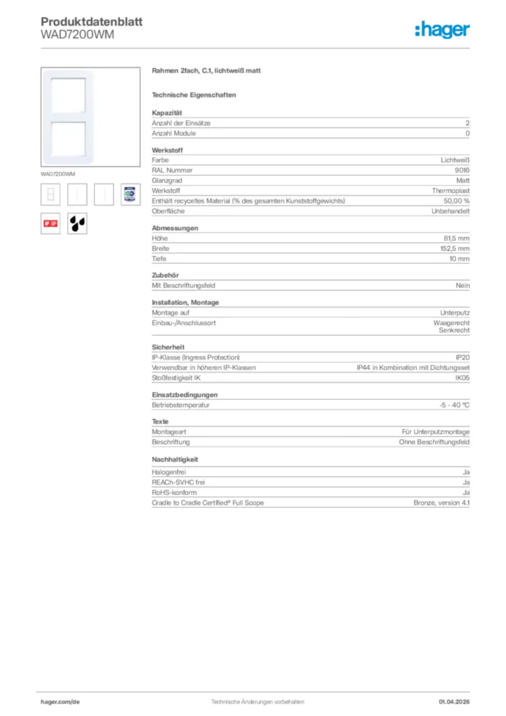 Bild Hager Produktdatenblatt WAD7200WM | Hager Deutschland