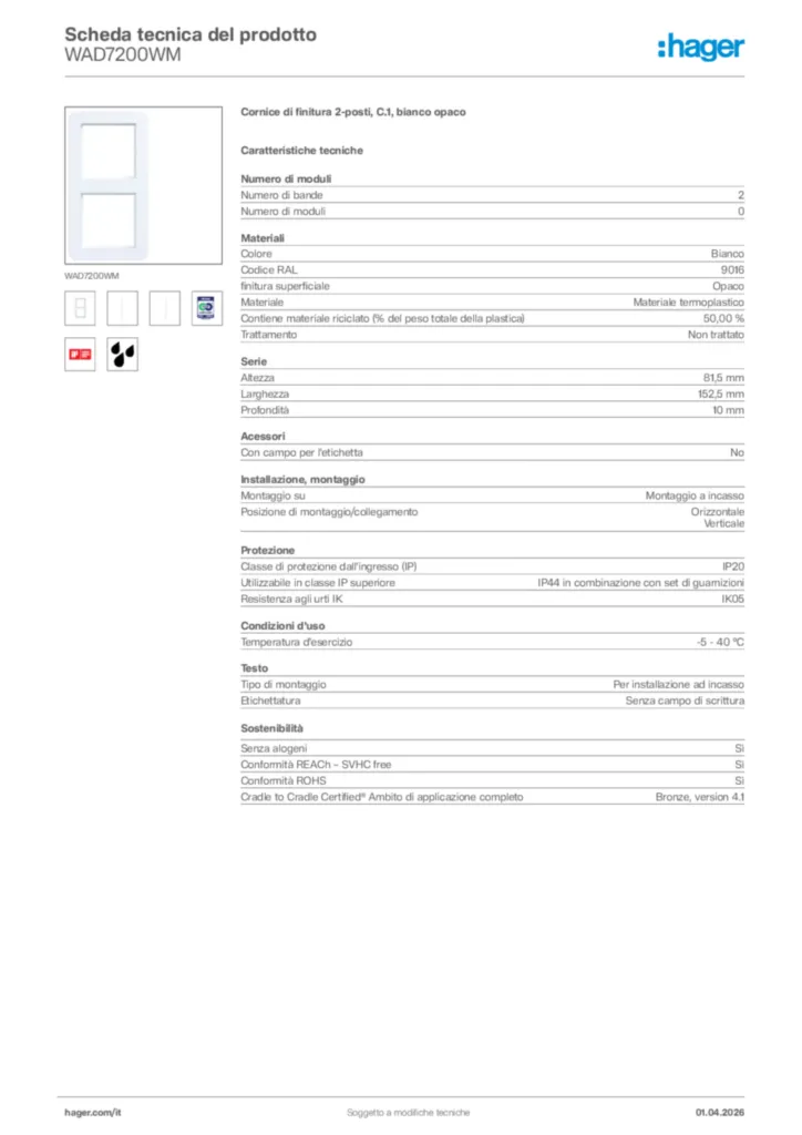 Immagine Hager Scheda tecnica del prodotto WAD7200WM | Hager Italia