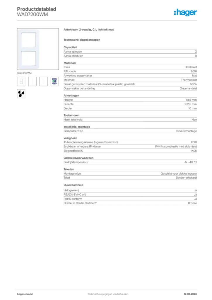 Afbeelding Hager Productdatablad WAD7200WM | Hager Nederland