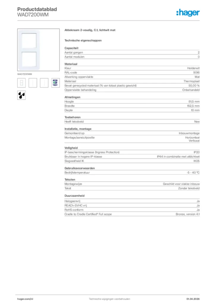 Afbeelding Hager Productdatablad WAD7200WM | Hager Nederland