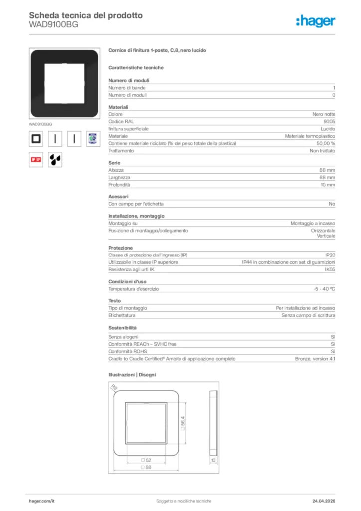Immagine Hager Scheda tecnica del prodotto WAD9100BG | Hager Italia