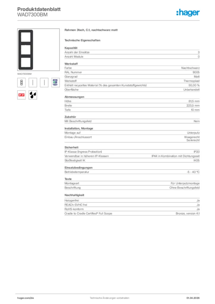 Bild Hager Produktdatenblatt WAD7300BM | Hager Deutschland