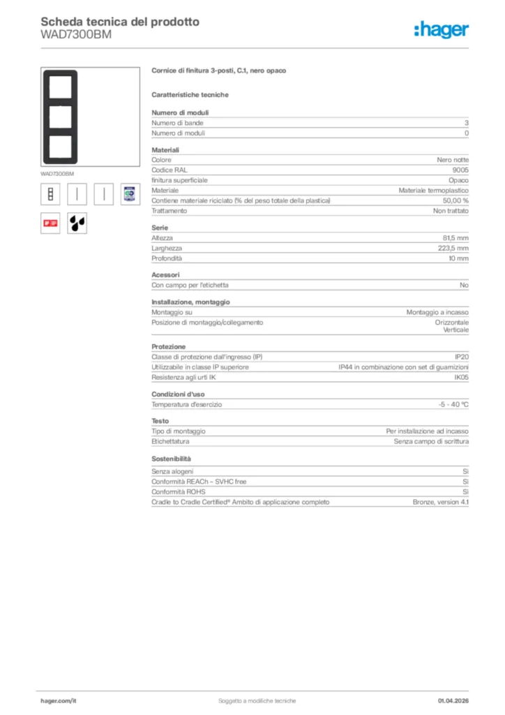 Immagine Hager Scheda tecnica del prodotto WAD7300BM | Hager Italia