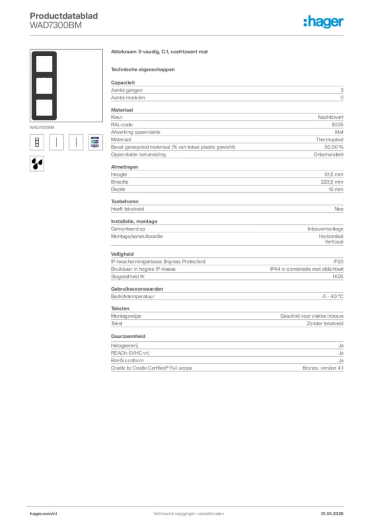 Afbeelding Hager Productdatablad WAD7300BM | Hager Nederland