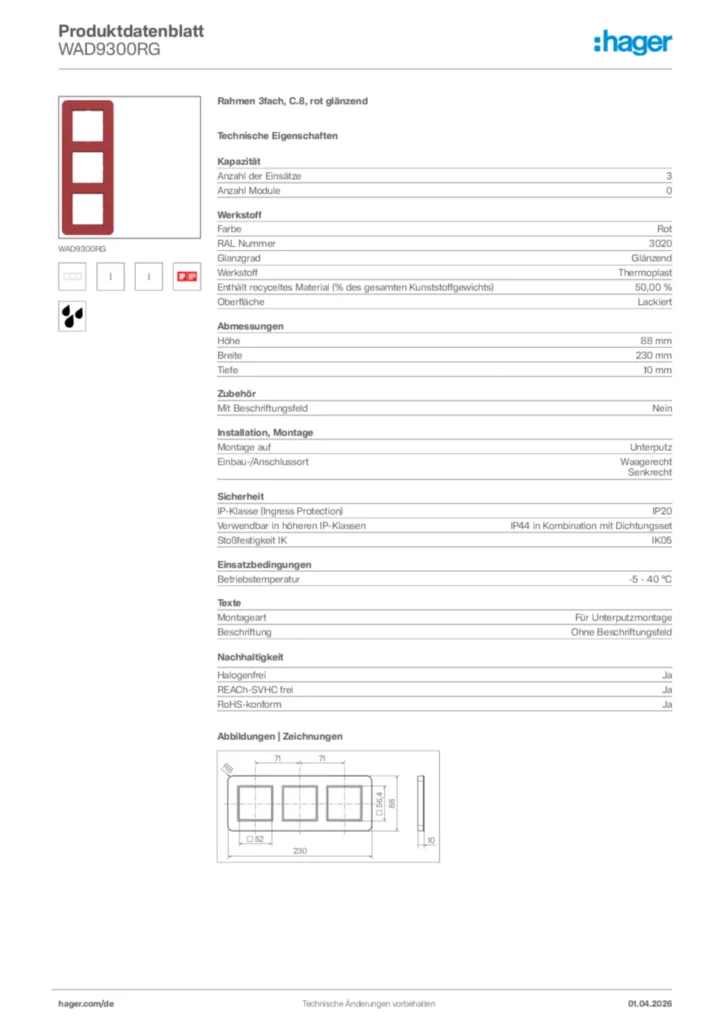 Bild Hager Produktdatenblatt WAD9300RG | Hager Deutschland