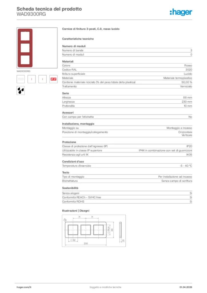 Immagine Hager Scheda tecnica del prodotto WAD9300RG | Hager Italia