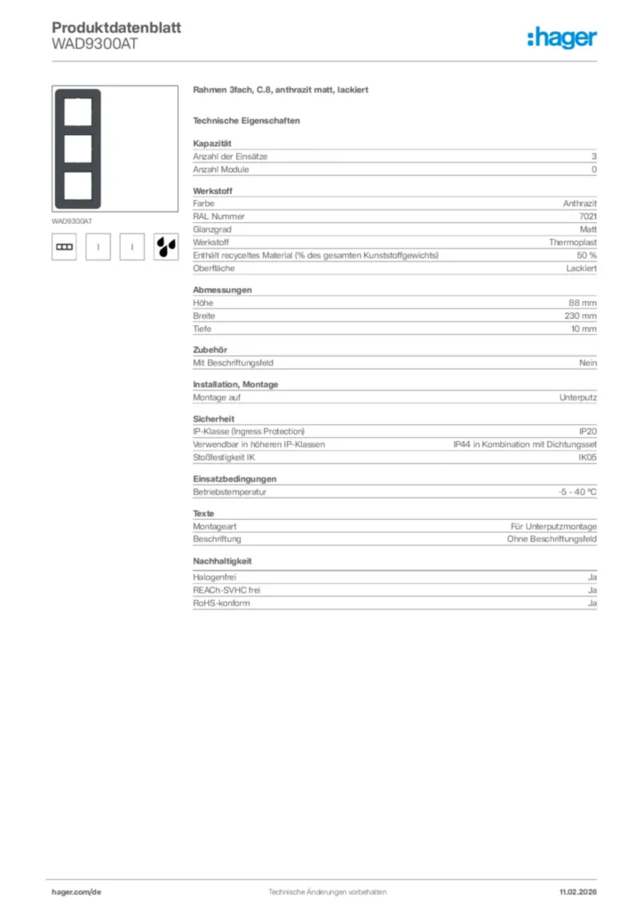 Bild Hager Produktdatenblatt WAD9300AT | Hager Deutschland