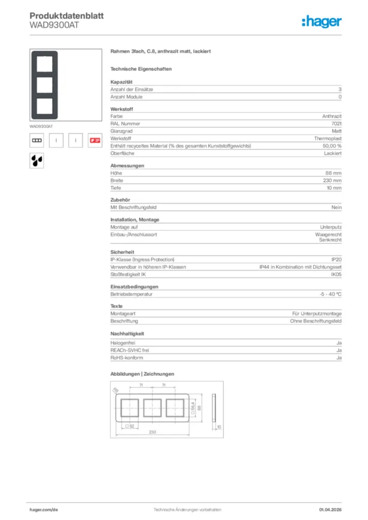 Bild Hager Produktdatenblatt WAD9300AT | Hager Deutschland