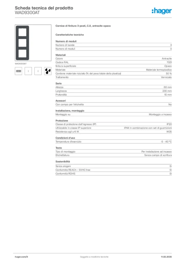 Immagine Hager Scheda tecnica del prodotto WAD9300AT | Hager Italia