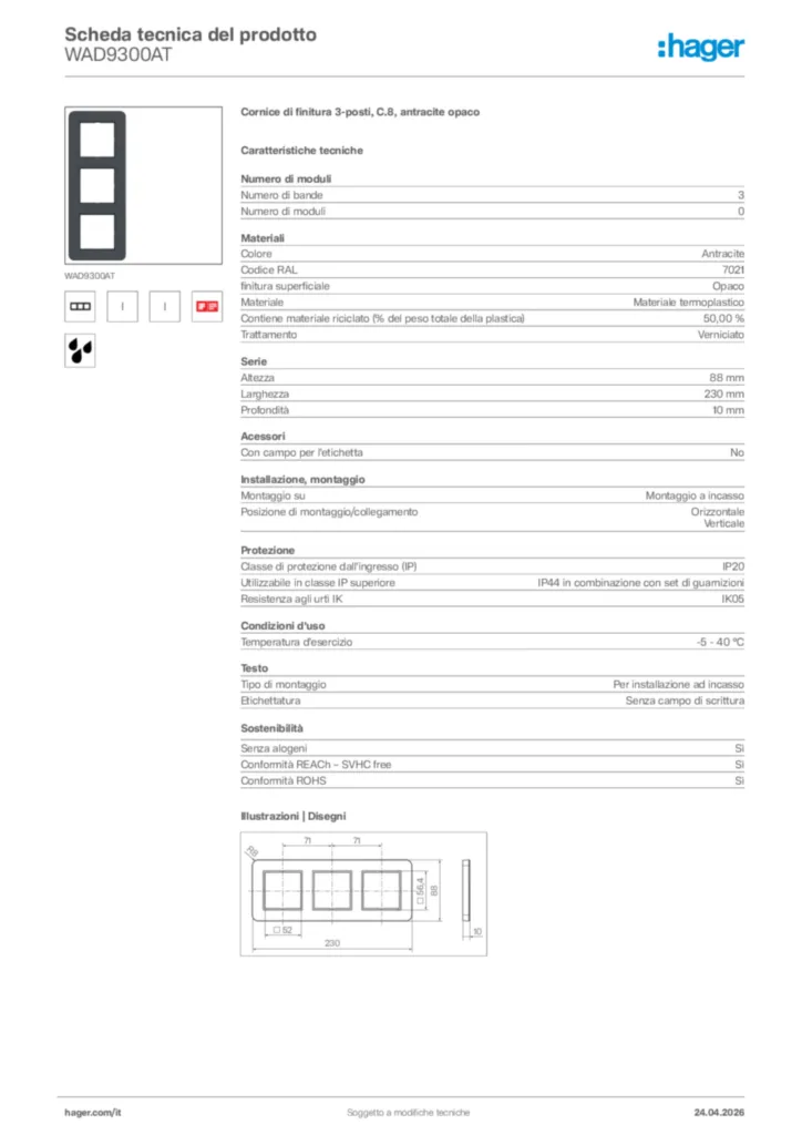 Immagine Hager Scheda tecnica del prodotto WAD9300AT | Hager Italia