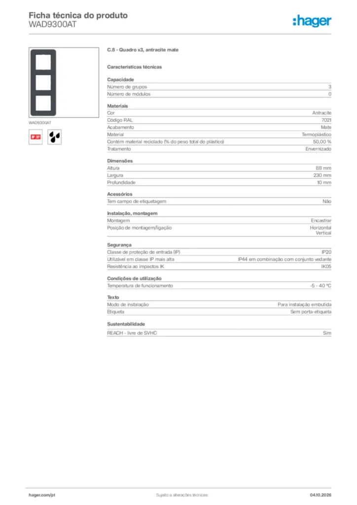 Imagem Hager Ficha técnica do produto WAD9300AT | Hager Portugal