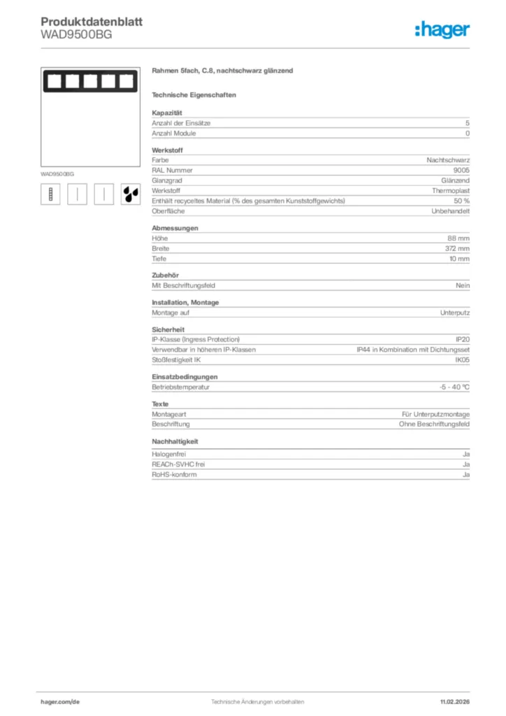 Bild Hager Produktdatenblatt WAD9500BG | Hager Deutschland