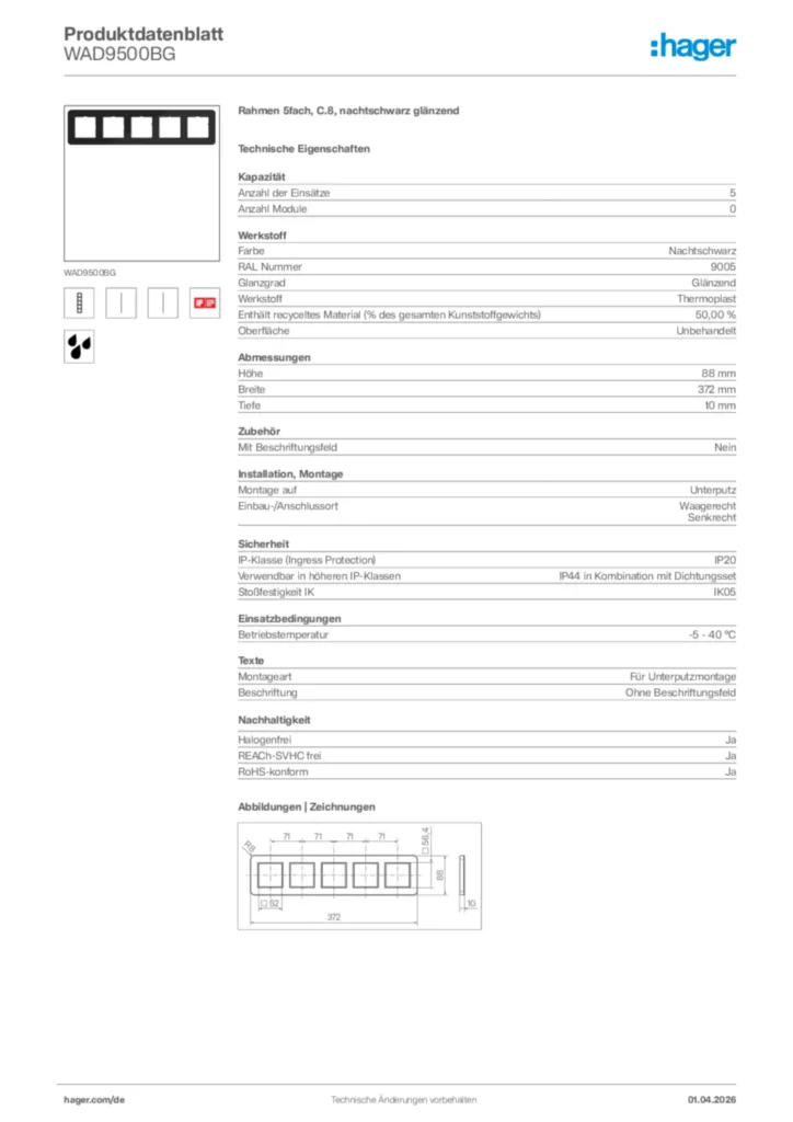Bild Hager Produktdatenblatt WAD9500BG | Hager Deutschland