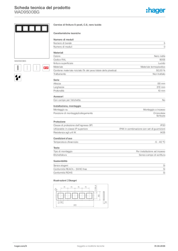 Immagine Hager Scheda tecnica del prodotto WAD9500BG | Hager Italia