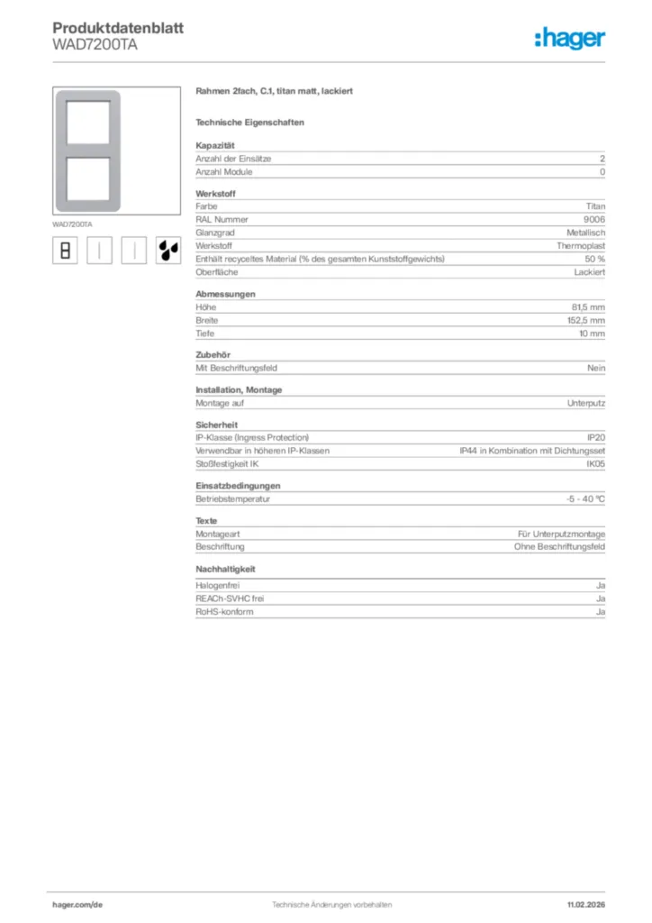 Bild Hager Produktdatenblatt WAD7200TA | Hager Deutschland