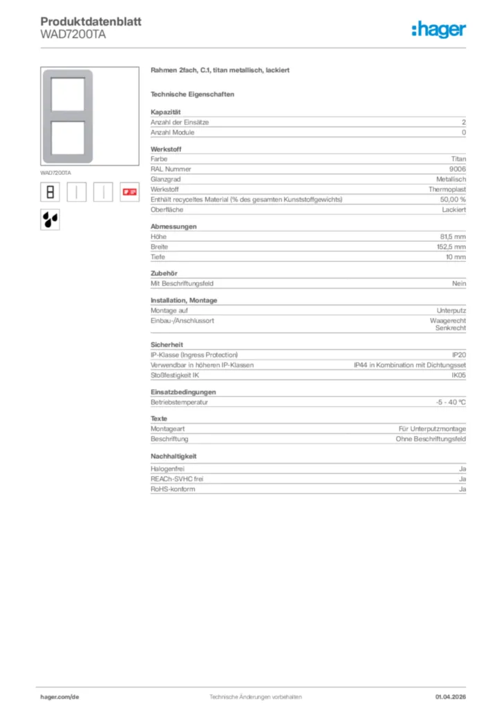 Bild Hager Produktdatenblatt WAD7200TA | Hager Deutschland