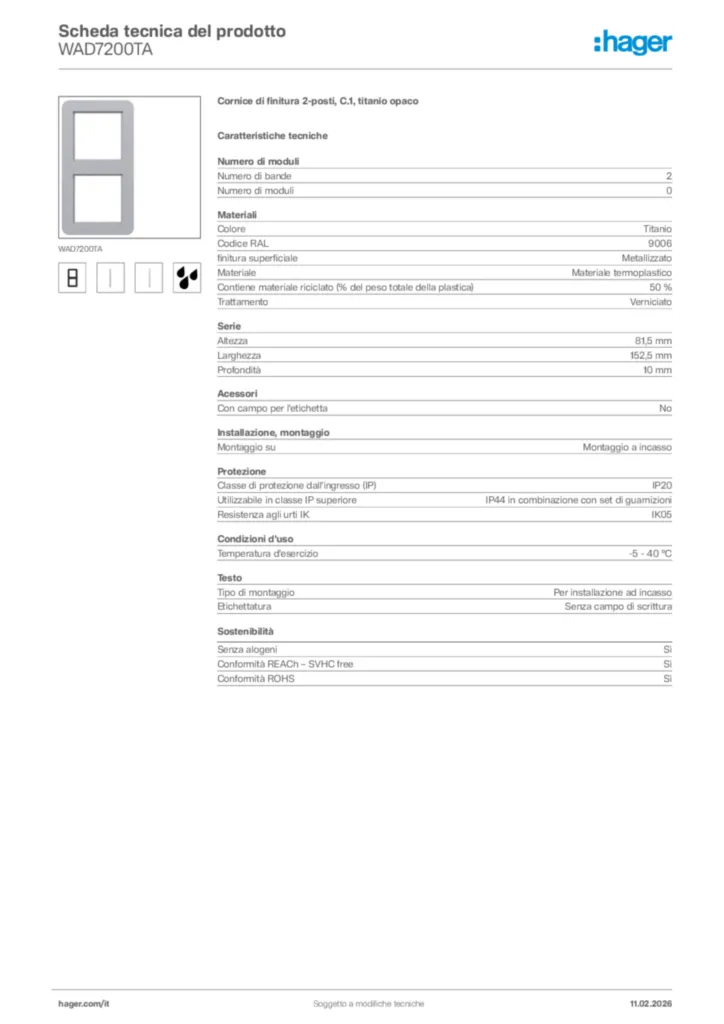 Immagine Hager Scheda tecnica del prodotto WAD7200TA | Hager Italia