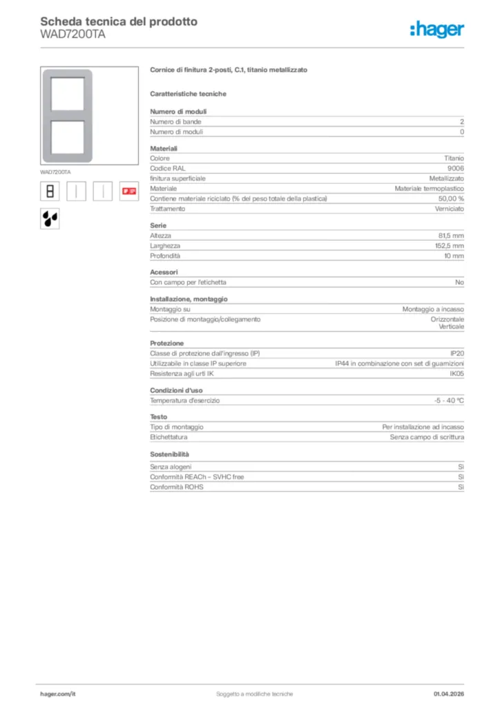 Immagine Hager Scheda tecnica del prodotto WAD7200TA | Hager Italia