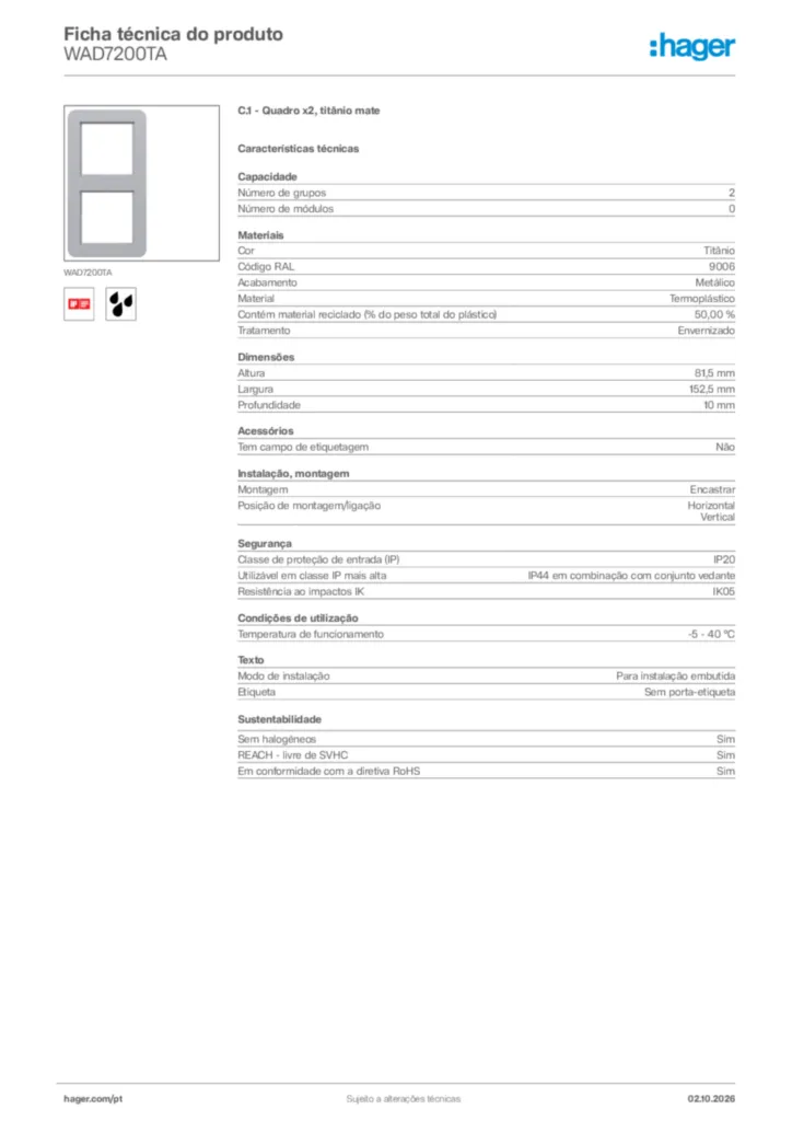 Imagem Hager Ficha técnica do produto WAD7200TA | Hager Portugal